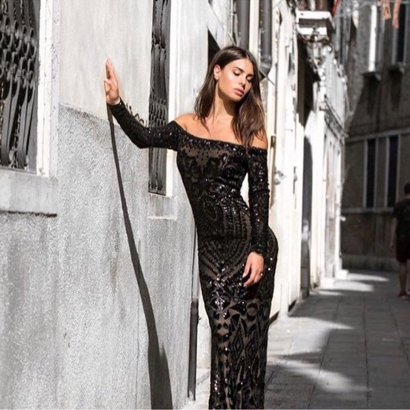 NWT Nadine Merabi Arabella Off The Shoulder Sequin Maxi Dress Black Size 10 - Picture 13 of 13